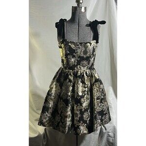 Alice + Olivia Black and Gold Brocade Mini Dress with Bow Straps